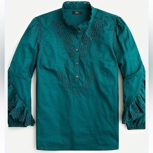 J. Crew Emerald Green Ruffled Sleeves Embroidered Eyelet Long Sleeve Blouse